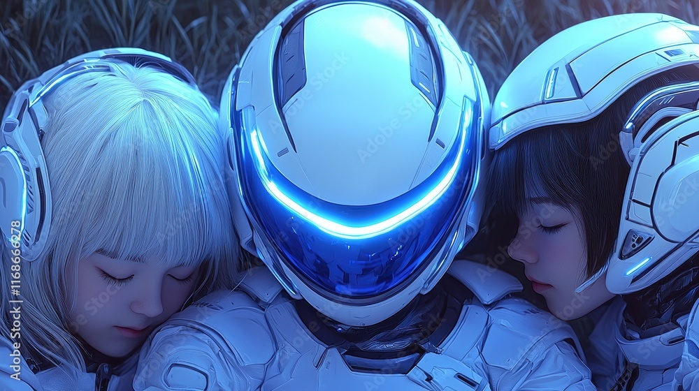 Poster futuristic encounter two girls and a robot sci-fi setting digital art close-up unity and connection