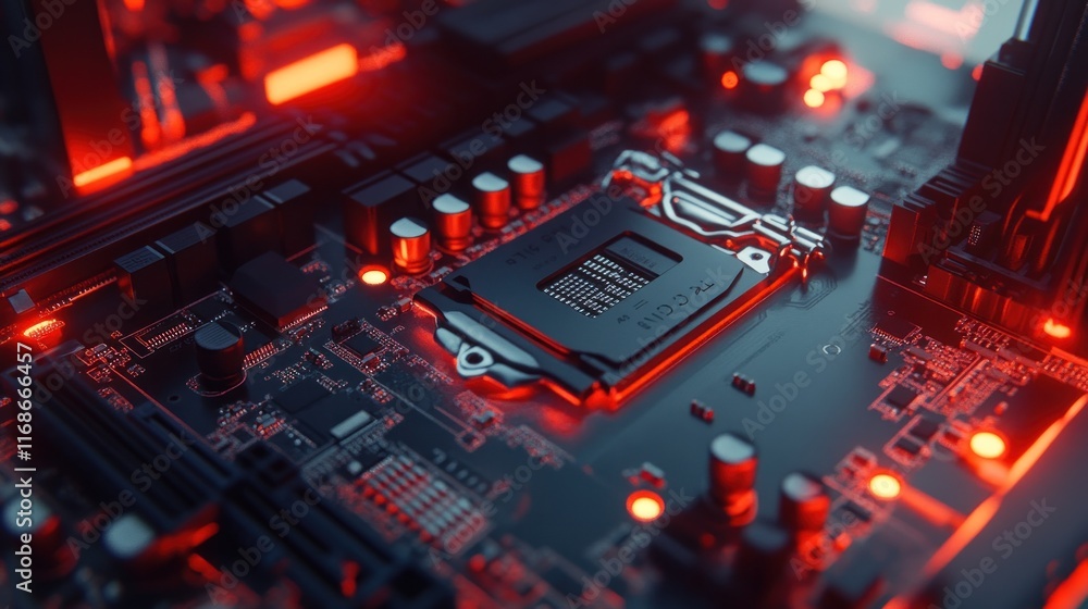 Poster a close-up view of a computer motherboard with glowing red elements and a central processor.
