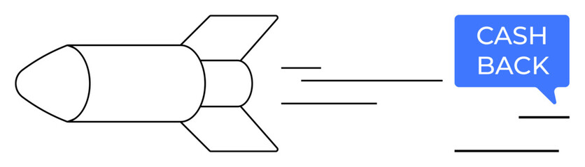 Rocket flying towards a speech bubble labeled CASH BACK. Ideal for finance, savings, consumer benefits, cashback programs, fast rewards, efficiency, modern banking. Abstract line flat metaphor