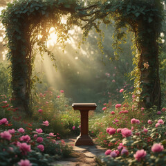 Valentines Day Podium, Empty product display podium, Lover&rsquo;s Garden, lush garden of blooming flowers and ivy, rays of sunlight, magical and intimate wedding feel, ad, wedding love podium