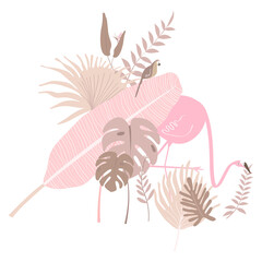 Pink parrot botanical png clip art, tropical leaves and bird graphic element on transparent background