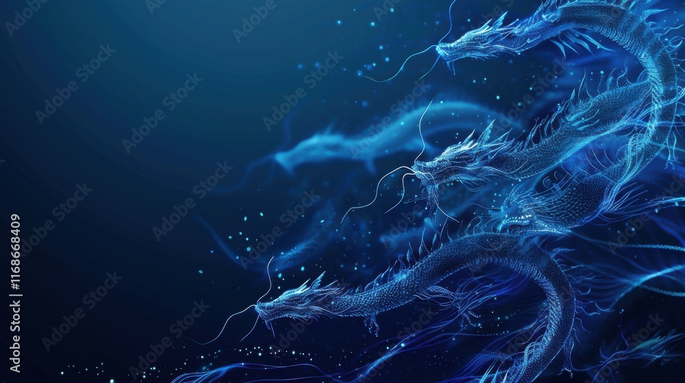 Aufkleber abstract flying dragons on a dark blue background. technological background for design on the topic 