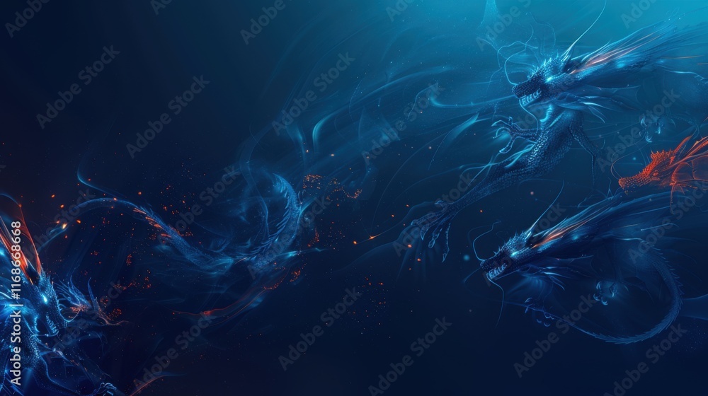 Poster abstract flying dragons on a dark blue background. technological background for design on the topic 