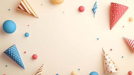 Obraz premium Festive Party Hats and Colorful Balls on Beige Background