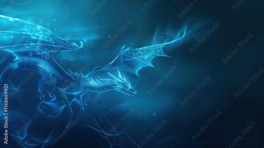 Poster abstract flying dragons on a dark blue background. technological background for design on the topic 