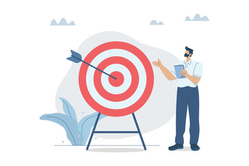 Setting important goals, Action plan or objective that inspires an organization or its employees to achieve their goals, Defining challenging business missions, Businessman with arrow at the target.