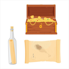 Pirate treasure chest full of gold and diamonds, pirate treasure map, glass bottle with map