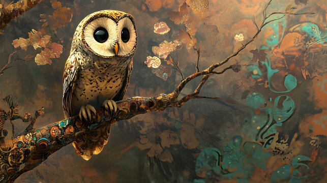 Charming Owl in Enchanted Graphic Tree: A Blend of Nature and Artistry