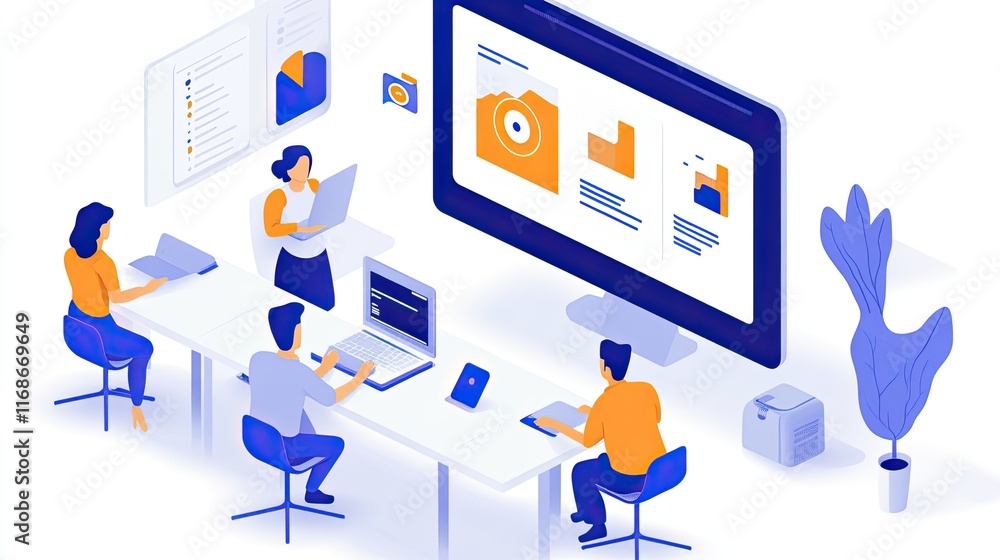 Poster business owners and professionals working with ai technology to improve productivity and decision-ma