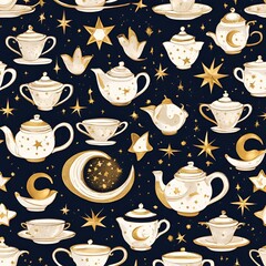 "Celestial Tea Set Pattern with Gold Stars, Moons, and Elegant Design Elements"
