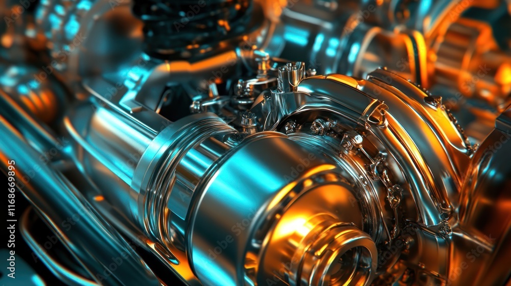 Poster a close-up view of a shiny, metallic engine component with vibrant lighting effects.