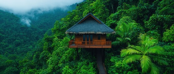 Consistency to growth concept. A secluded wooden cabin nestled in lush green rainforest.