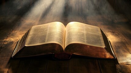 Ancient Book Open on Wooden Table in Light