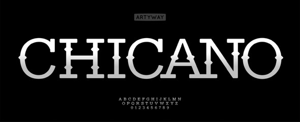 Chicano typography, artistic slab serif letters and numbers, Mexican traditional flair, Latin tattoo vibe, vintage cowboy-inspired typography. Vector typeset. 
