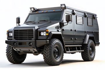 Black Armored Truck, Military Vehicle, Security Transport, High-Security Vehicle, Isolated on White Background