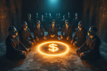 Group of businessmen in suits sitting around an illuminated dollar symbol surrounded by mystical atmosphere, symbolizing worship of money, reflecting on complexities of capitalism and materialism