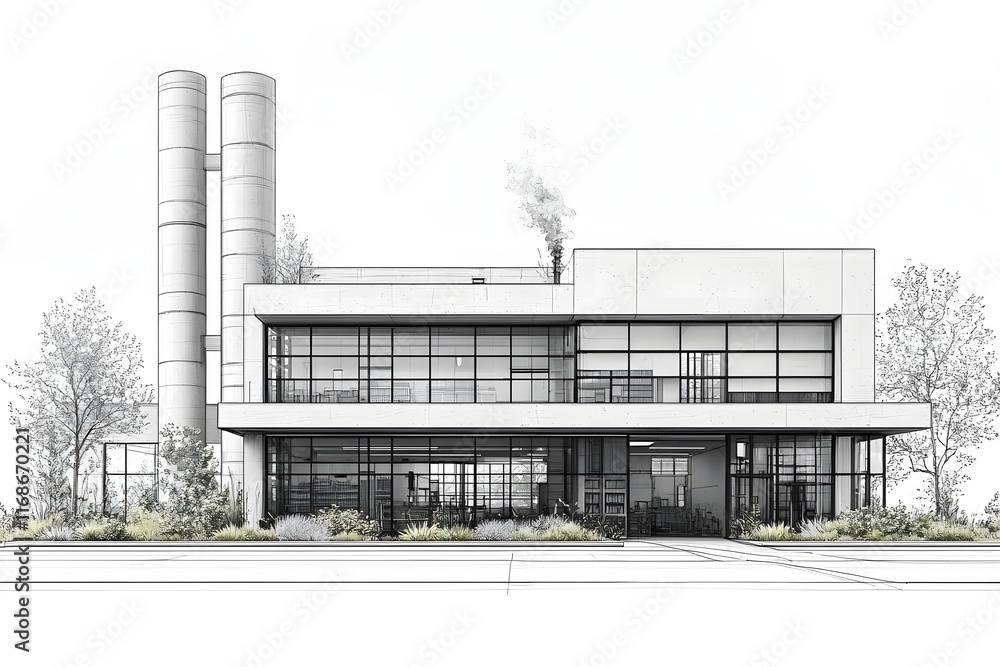 Poster minimalist line drawing of an industrial warehouse with clean rectangular shapes and simplistic desi
