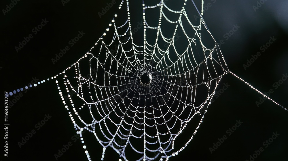 Aufkleber A close-up view of a spider web adorned with dew drops against a dark background.