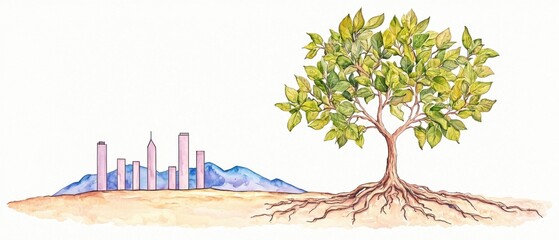 Consistency to growth concept. Urban skyline contrasts with a flourishing tree in a watercolor illustration.