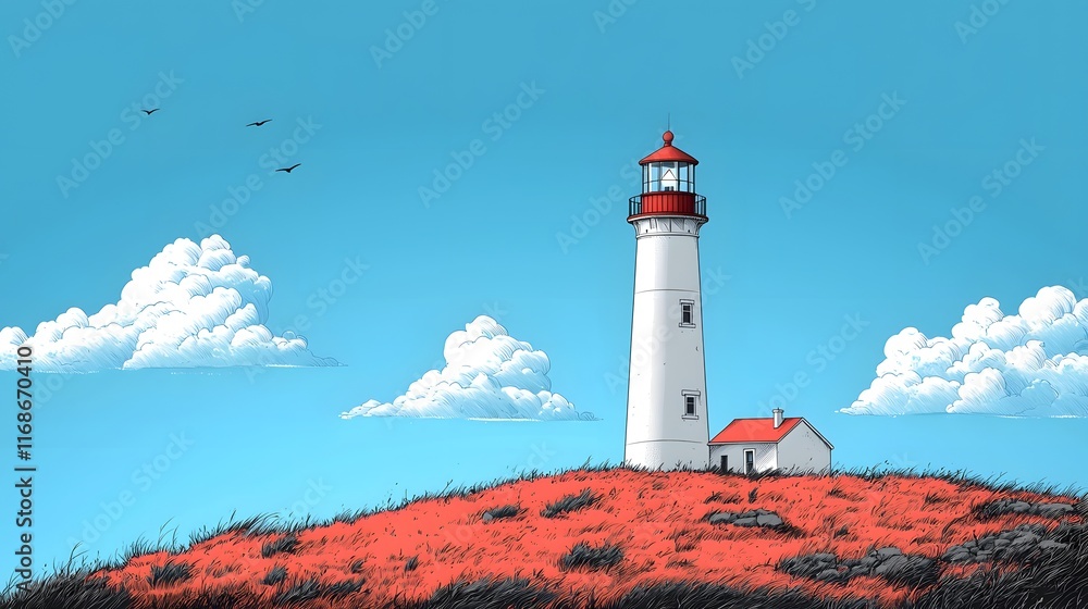 Poster minimalist lighthouse on a hilltop with cloudscape and coastal scenery concept of guidance and simpl