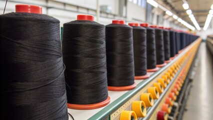 Black Thread Spools: Textile Industry Supply, High-Quality Stock Photo