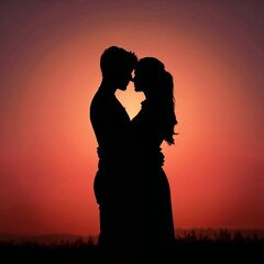 Silhouette of a couple embracing each other against a stunning sunset backdrop

