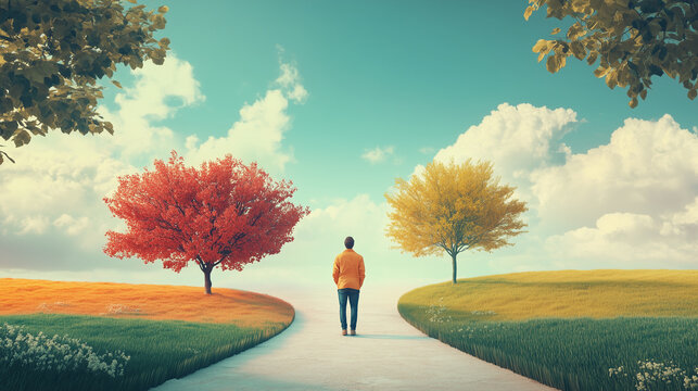 Someone at a crossroads, with each road leading to different, visually distinct environments