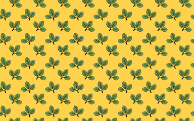 Vibrant yellow background adorned with a repeating pattern of stylized green leaves.  Perfect for textile prints, website backgrounds, or any project needing a fresh, nature-inspired design.