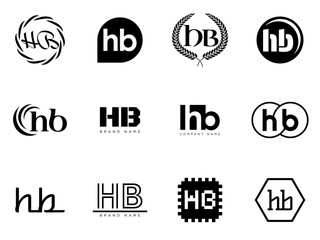 HB logo company template. Letter h and b logotype. Set different classic serif lettering and modern bold text with design elements. Initial font typography.