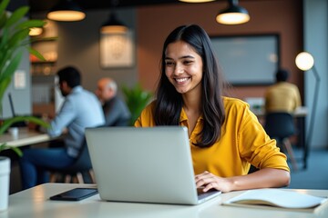 Fototapeta premium Young Woman Working on Laptop in Modern Office Space, Ideal for Business, Marketing, and Education Content