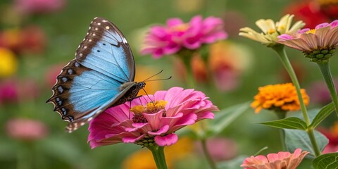 Blue Butterfly on Pink Flower, Colorful Spring Blooms, Macro Insect Photography