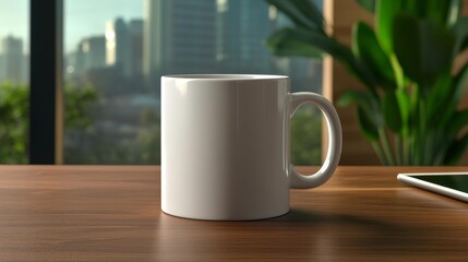 White mug mockup in a professional workspace. Generative AI