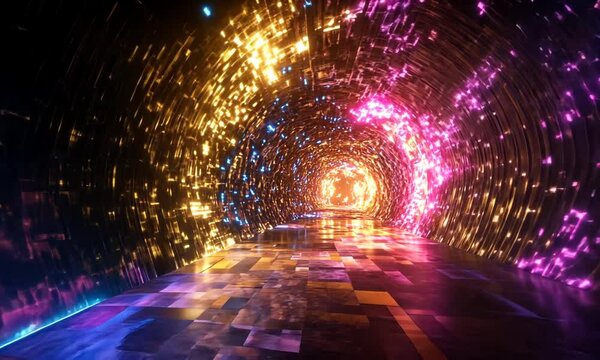 Vibrant Tunnel of Light with Colorful Particles and Abstract Patterns Leading to a Glowing Exit in a Futuristic and Dreamlike Environment
