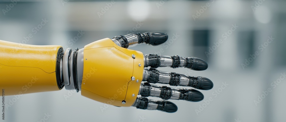 Poster life-saving concept. robotic hand with yellow and black design for automation and technology.
