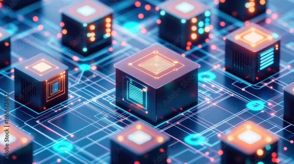 Poster a close-up view of computer chips on a circuit board, showcasing technological advancement.