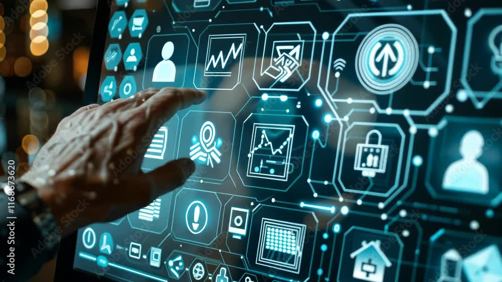 Poster exploring digital technology with advanced touchscreen interface in a modern workspace