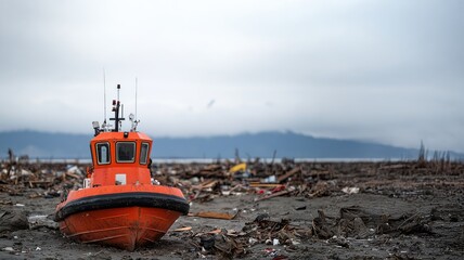 Fototapeta premium life-saving concept. A stranded orange tugboat on a muddy shore with a cloudy sky.