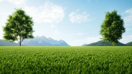 Lush green landscape with trees and mountains under a clear sky.