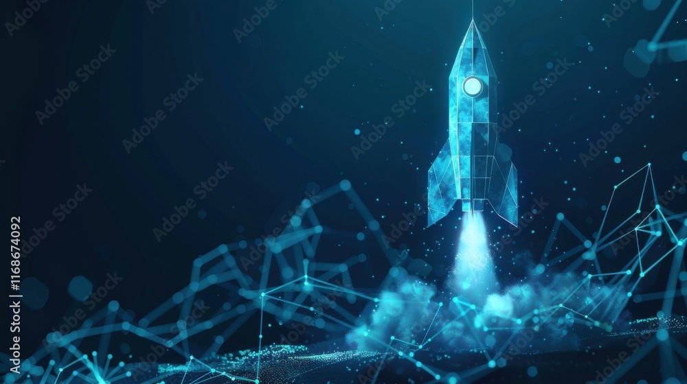 Poster abstract growth graph chart with launch rocket on technology blue background. startup and success bu