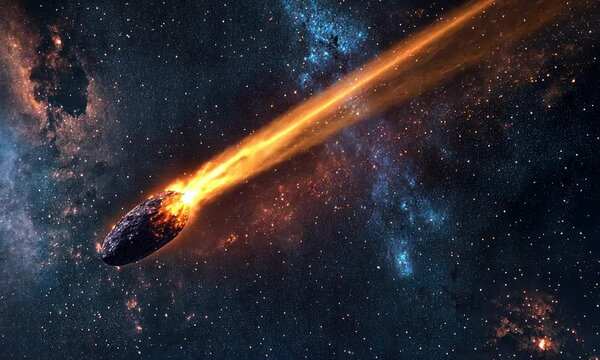 Fiery Meteoroid hurtling through the cosmos, cosmic dust trail, blazing space rock, celestial event, fiery meteor shower