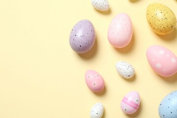 Happy Easter card. Easter eggs and decoration on color background, top view