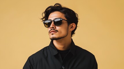 Fototapeta premium a man with a black shirt and sunglasses on a yellow background