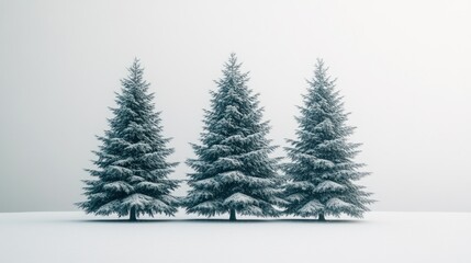 Fototapeta premium Three snow-covered pine trees on a white background.