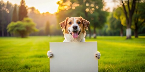 Happy Dog Holding Blank White Banner, Perfect for Pet Adoption or Announcement