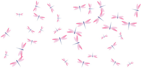 Magic rosy pink dragonfly cartoon vector illustration. Spring cute insects. Detailed dragonfly cartoon dreamy background. Gentle wings damselflies graphic design. Fragile creatures