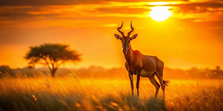 Bubal Hartebeest Grazing in African Savanna Sunset Landscape