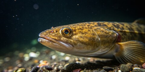 Burbot Fish Underwater Bokeh, Close-Up Macro Shot, Aquatic Wildlife