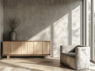 Modern minimalist living room with wooden cabinet and armchair