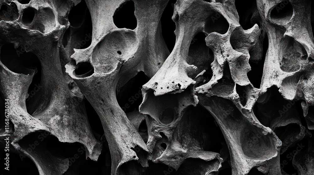 Poster a close-up view of interwoven skeletal structures, showcasing intricate textures and forms.