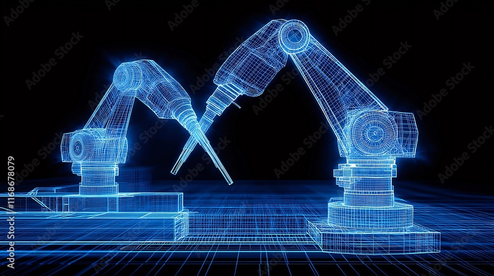 Poster two robotic arms with crossed tools in a digital wireframe design.